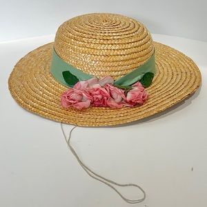 Round Straw Hat with Pink Flowers & Ribbon